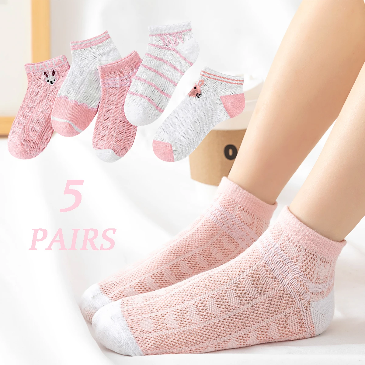 

5 pairs of thin cartoon mesh cute boat socks for girls, floor socks for spring and summer