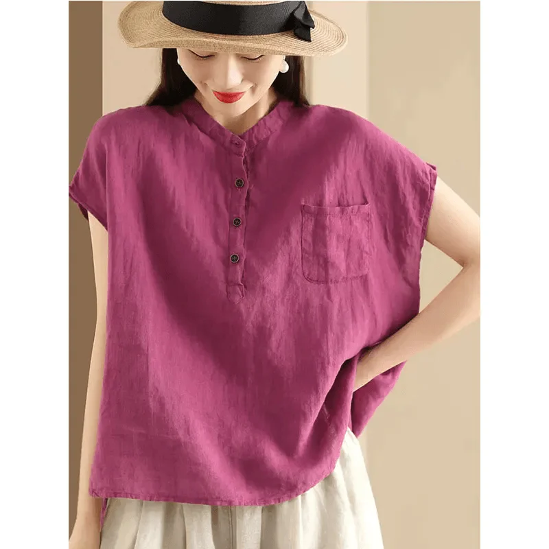 Summer Linen-Cotton Shirt for Women Standing Collar Short Sleeve Blouse Pullover Casual Loose T-shirt Simplicity Trendy Tops