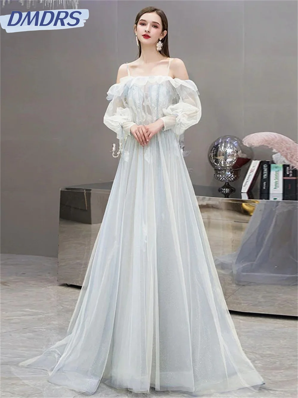 

Charming off-the-shoulder A-Line prom Dress 2024 Elegant Long Sleeve Evening Dresses Simple Floor-Length Gown Vestidos De Novia