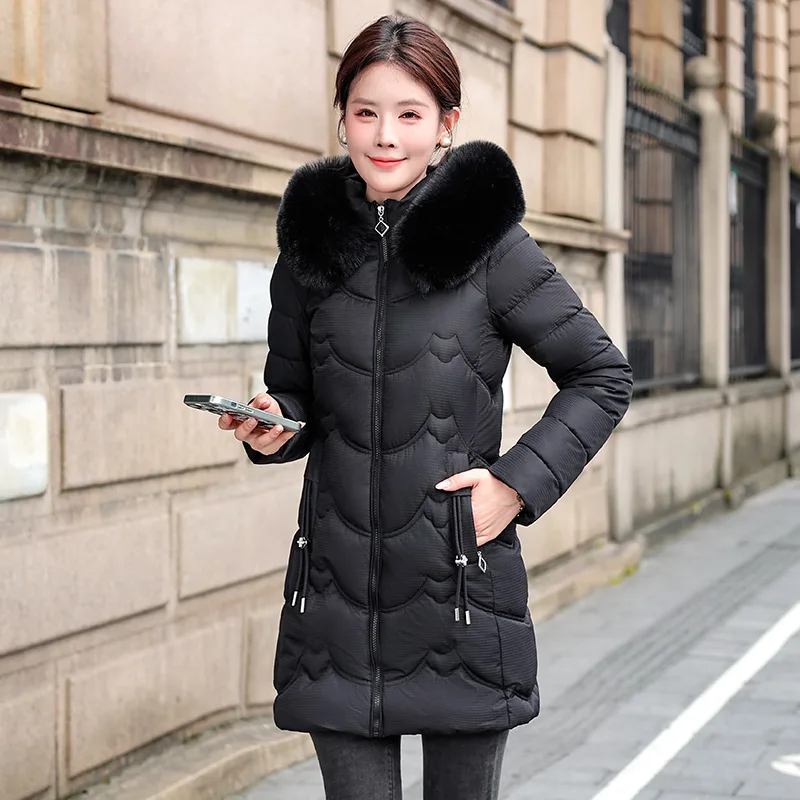 Women Hooded Parkas Coats Mid Lenth Jackets Solid Zipper Fur Collar Long Sleeves Straight Fit Thick Casual 2025 Autumn Winter