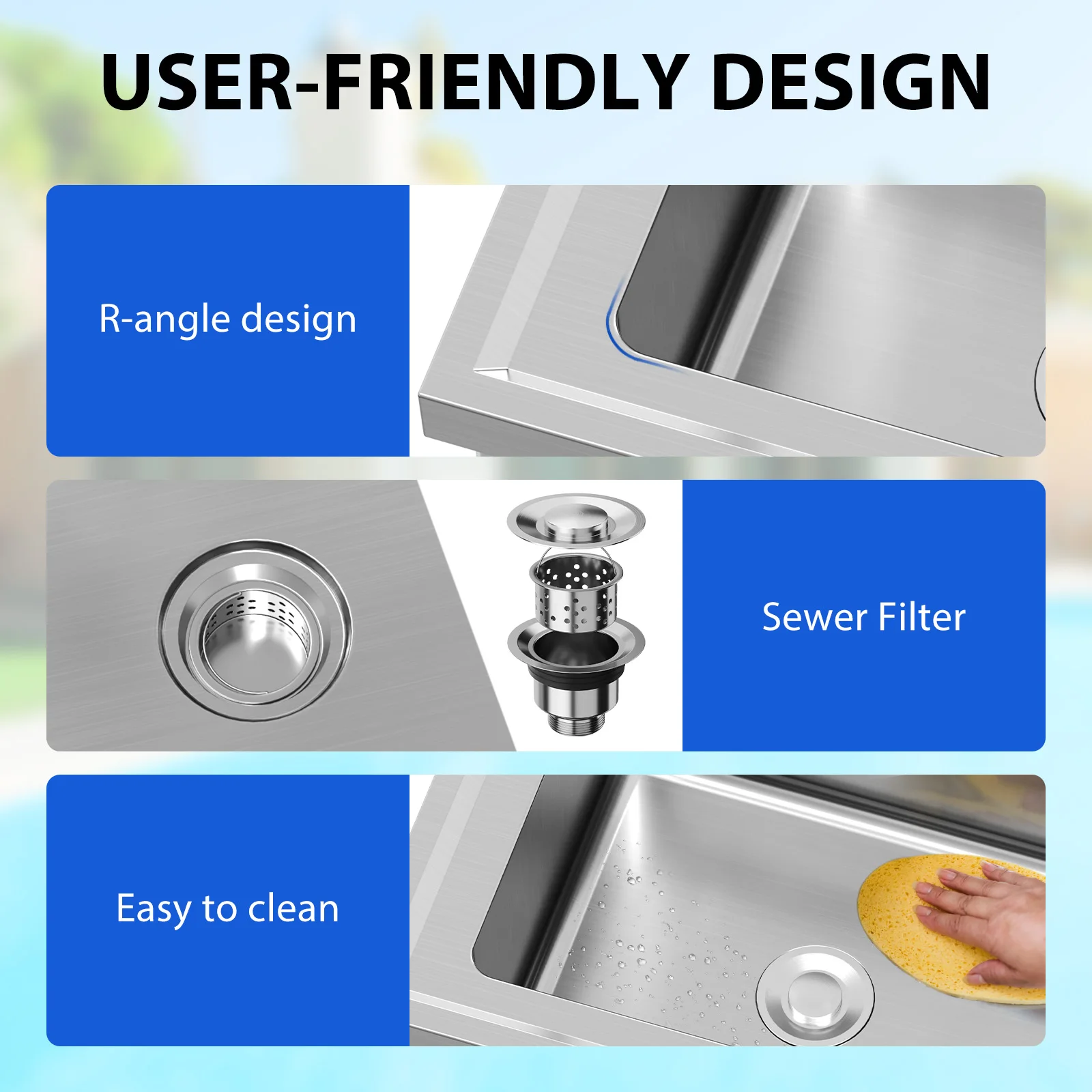 Stainless Steel Sink, Freestanding Single Trough Commercial Kitchen Sink Set Faucet, NSF Certificate, for Restaurant