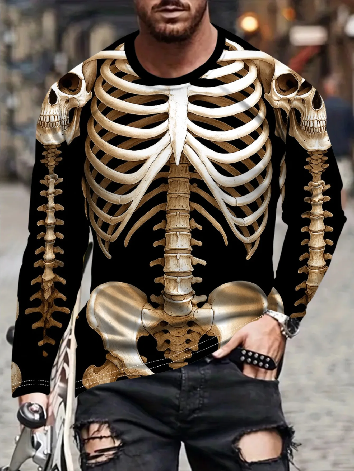 الرجال القوطية ثلاثية الأبعاد الجمجمة تي شيرت مطبوع كل موسم بأكمام طويلة الرقبة المستديرة ملابس شخصية غير رسمية يوم الموتى هالوين زي