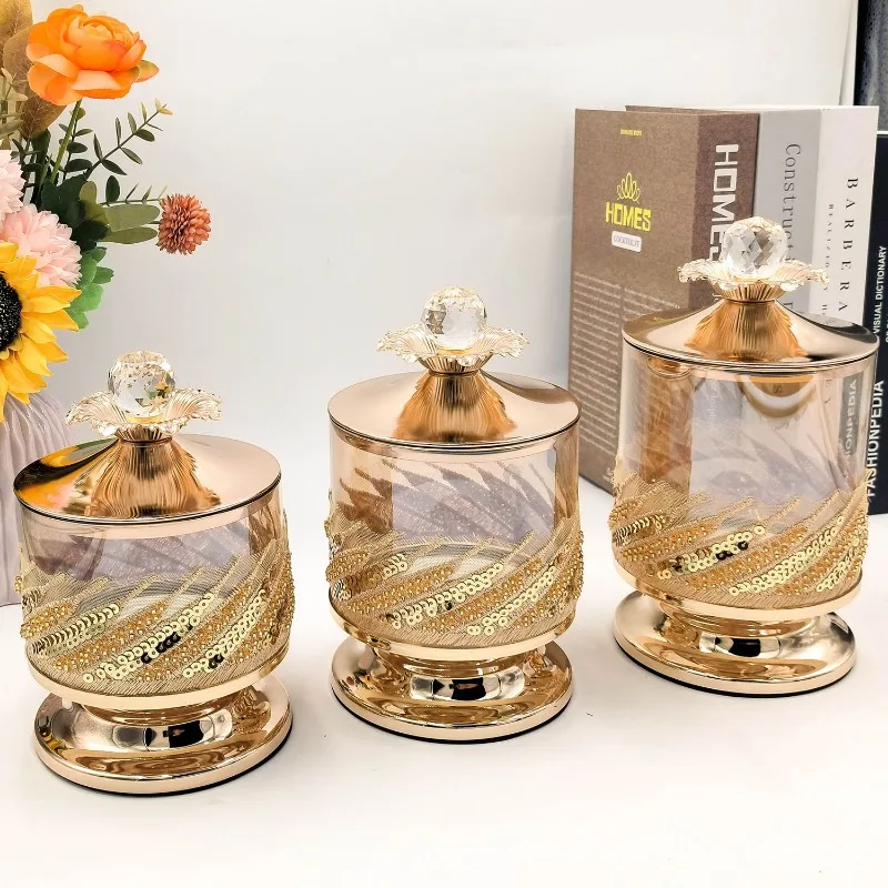 European Metal Jewelry Box with Lid High Leg Glass Candy Jar Table Top Gold Plated Coffee Beans Dried Fruit Snack Storage Bottle