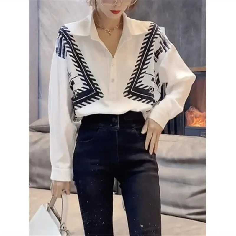 2024 Spring  Autumn New Polo Neck Chiffon Office Women Shirts Vintage Patchwork Printing Tops Long Sleeve Casual Elegant Shirt