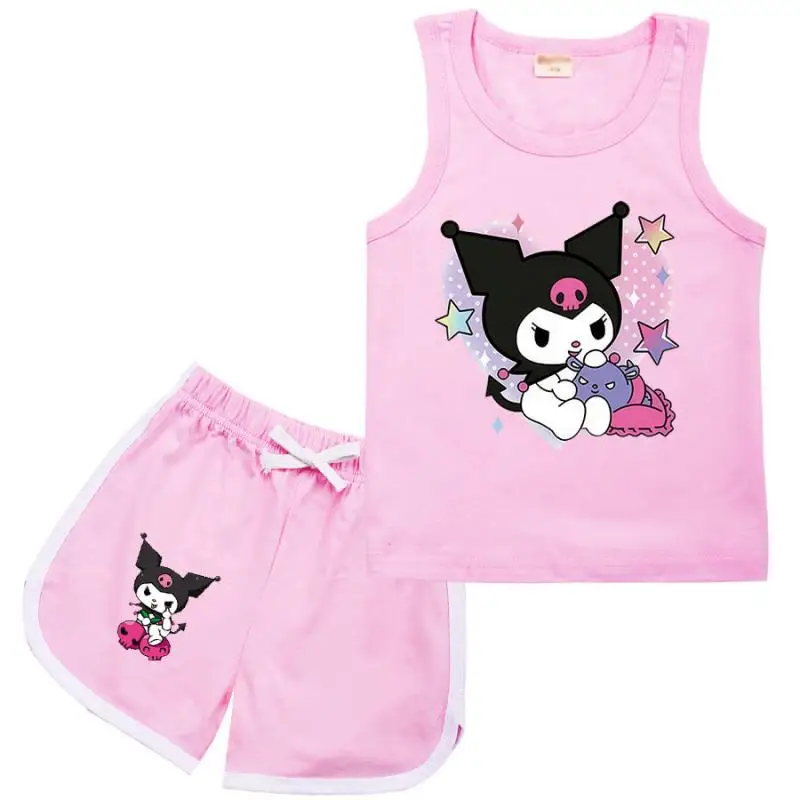 Sanrios Kids Fashion Suit Cartoon Kuromi Girls Short Sleeve Shorts Two-Piece Set Cartoon Cotton T-Shirt Summer Casual Sportswear