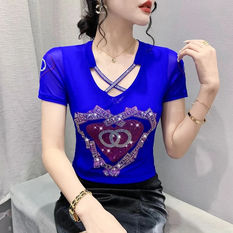 European Women's Clothes High-End Mesh T-Shirt Summer Short Sleeve Fashion Shiny Diamonds V-Neck Causal Tops Tees Blouse