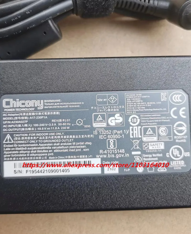 Adaptador Original Chicony A17-230P1A 19,5 V 11.8A 230W para Gigabyte AORUS X15 15G YC WB-7US2130SH GL65 GP75 cargador de ordenador portátil para juegos