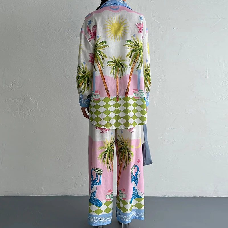 

Holiday Linen Women's Two Piece Set Island Pattern Printed Long Sleeved Loose Suit New Summer Bohemian Straight Leg Pants Outfit
