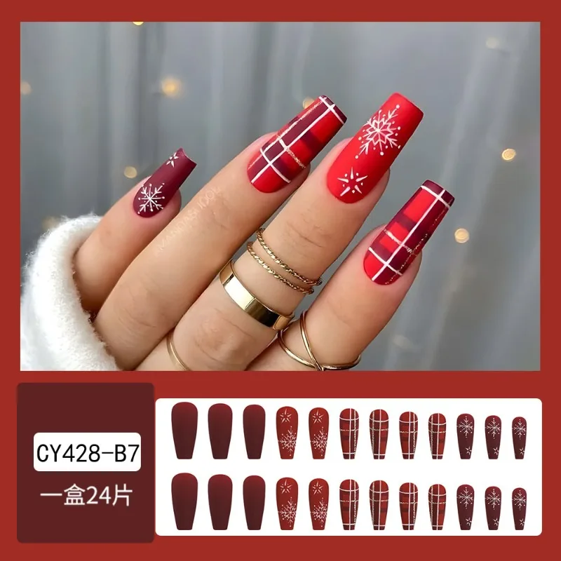 24 Pcs Christmas Long Glued Press on Nails Square Red White Snowflakes Self-adhesive Nail Tips Reusable Adhesive Wear Nail 2024