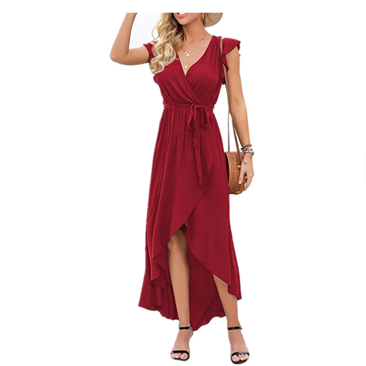 New Fashion Women's Summer Sexy Casual Longuette V-neck Bandage Irregular Big Swing Solid Color Temperament Dress