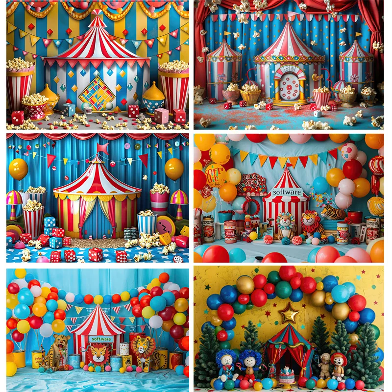 

Circus Tent With Striped Canopy Popcorn Photography Backdrops Balloons Birthday Party Decor Animal Photo Studio Background SD-06