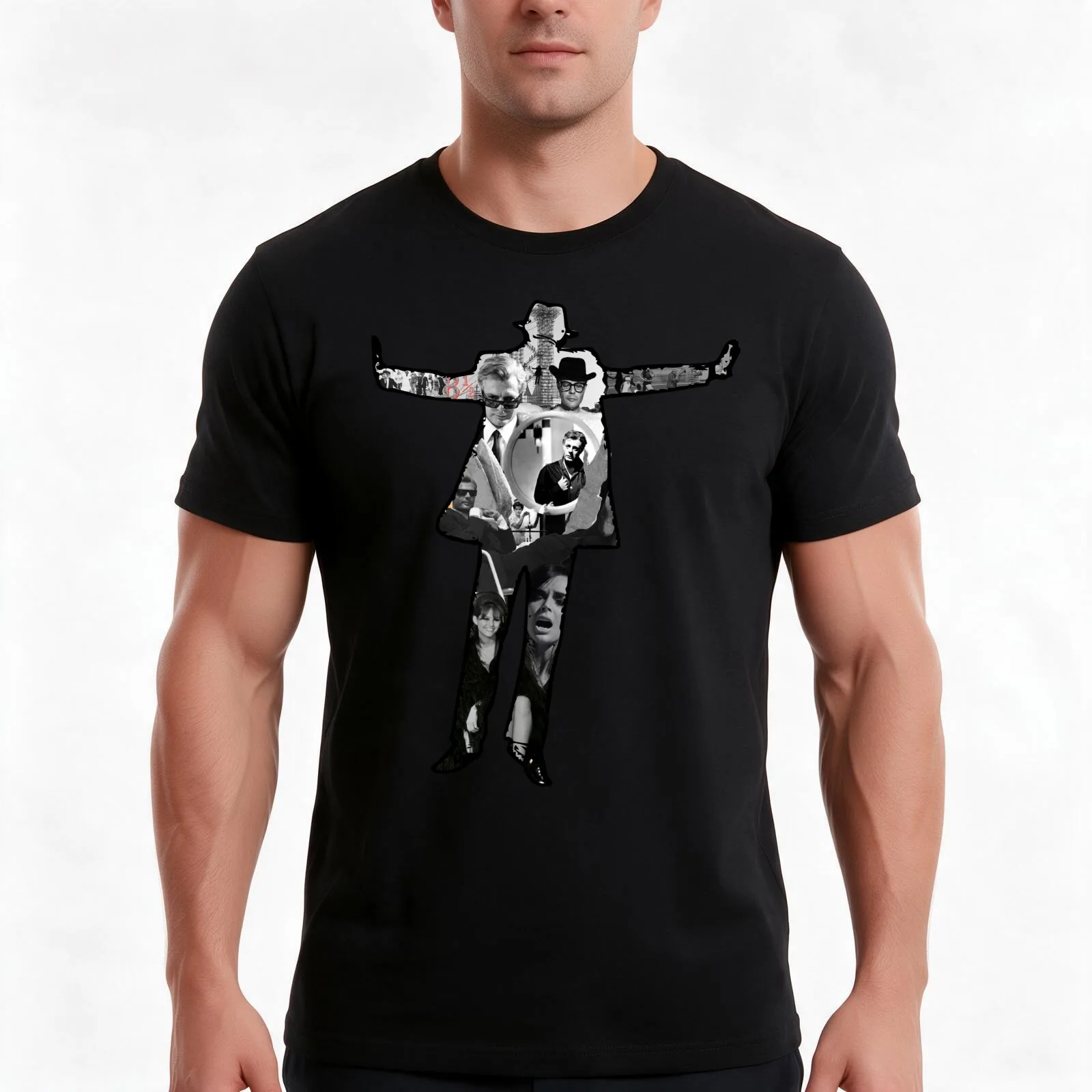 Fellini's 8 1/2 Floating Man Collage T-Shirt, Summer Casual Cotton Tee, Oversized Streetwear Tops, Vintage Graphic Print