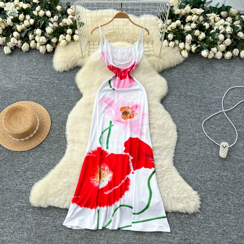 فستان ريترو هوتسويت مطبوع نحيف بدون أكمام أنيق لقضاء عطلة الشاطئ للنساء فساتين صيفية عصرية كورية