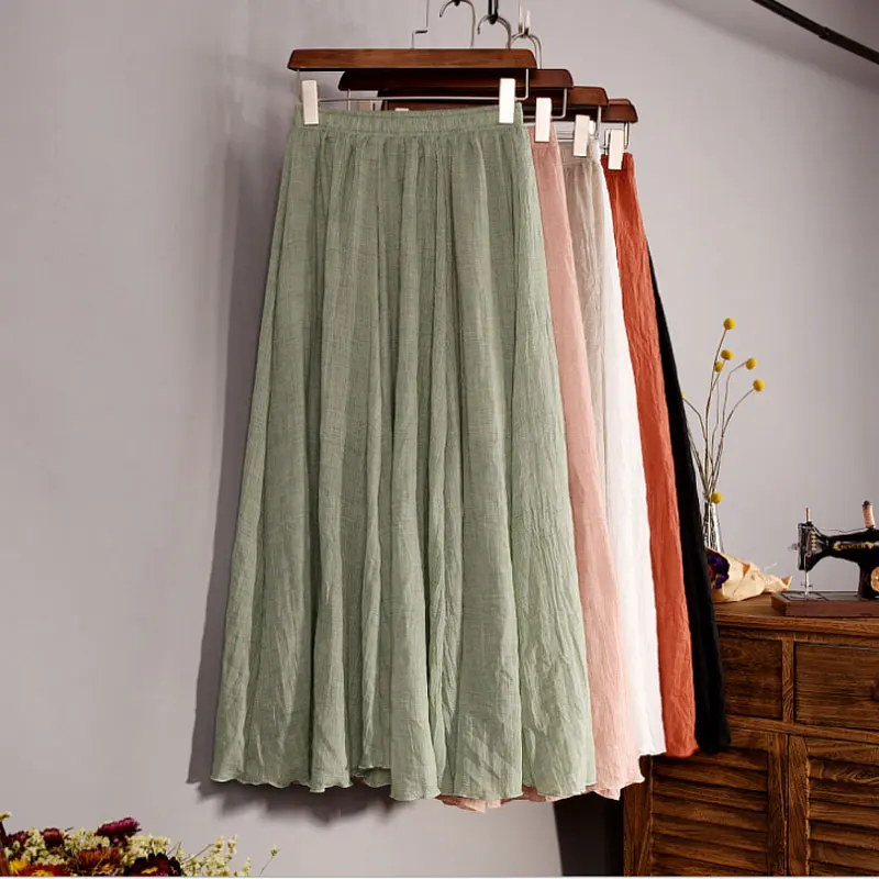 

Women's Elegant High Waist Elastic Waist Linen Pleated Long Skirts Ladies Slim Casual Skirt Saias New 2025 Summer