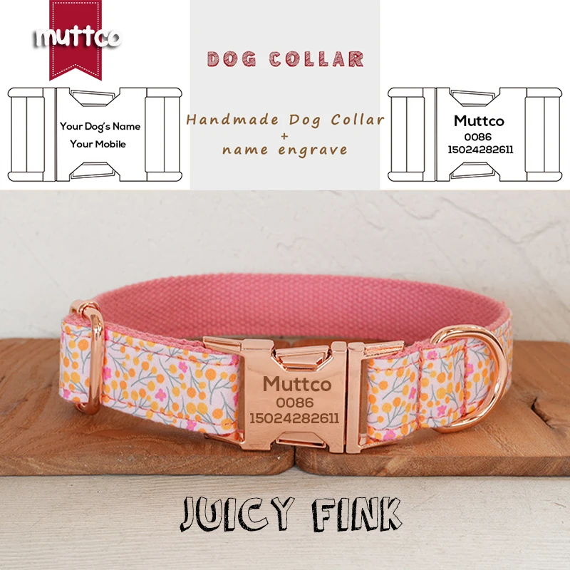 MUTTCO engraved metal buckle dog collar JUICY FINK personalized dog ID tag collar 5 sizes nameplate anti-lost pet supply UDC165