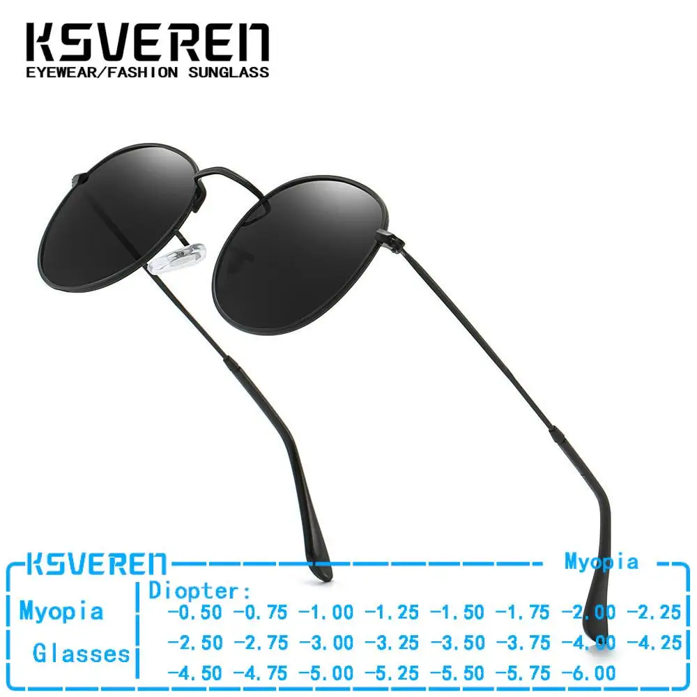 Metal Round Tinted Myopia Lens Sun Glasses Men Classic Prescription Glasses Negative Diopter Outdoor Shade Sunglasses -0.5 -1.0