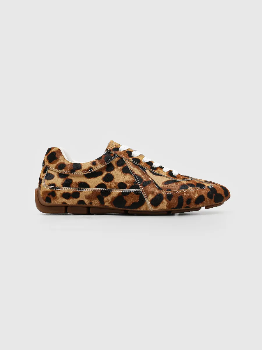 

Horse Hair Retro Leopard Print German Training Shoes Lightweight Thin-soled Sports Casual Leather Shoes Daily Soft-soled