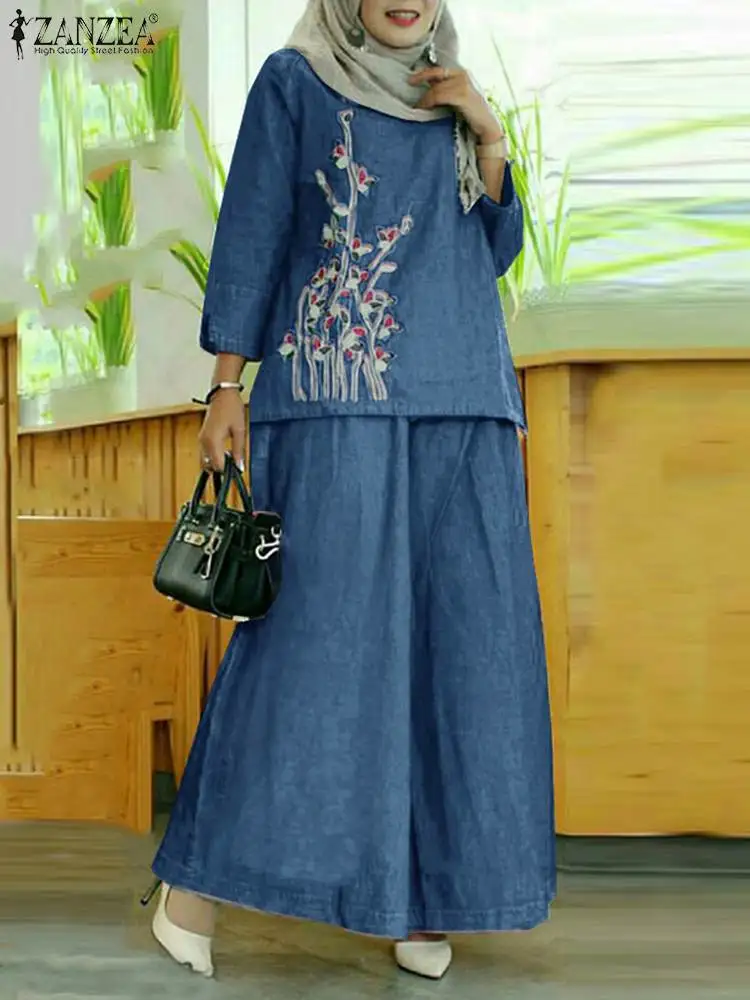 ZANZEA Elegant Floral Muslim Sets Women Autumn 2PCS Vintage Long Sleeve Blouse & Wide Leg Pants Casual Loose Work Matching Sets