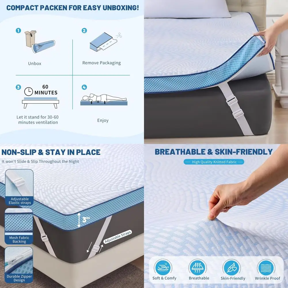 

3 King Size Memory Foam Mattress Topper - Ultra Soft, Pain Relief, Breathable, Night Sweats Prevention, Non-Slip White