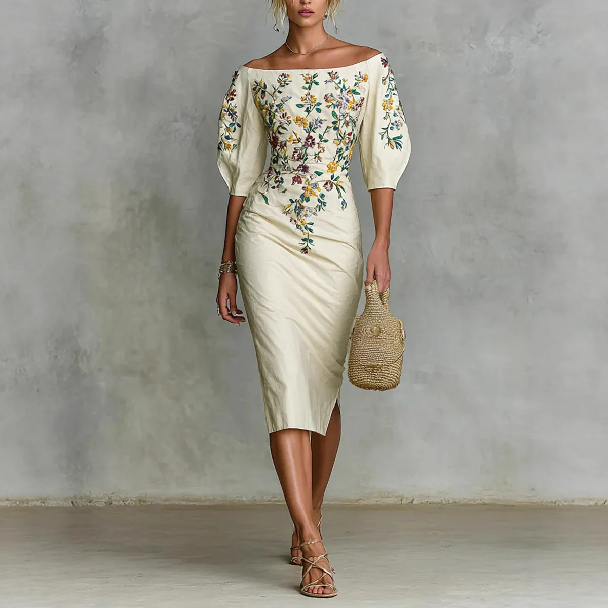 Elegant Spring Summer Long Dress Fashionable Commuting Style Digital Print One-shoulder Half-sleeve Mid-waist Hip Dresseses