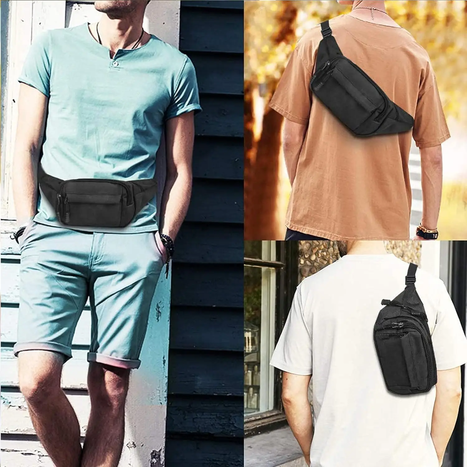 حقيبة خصر للرجال مع 4 حزام قابل للتعديل بسحاب وحقيبة خصر من قماش أكسفورد، حقيبة خصر للجري مقاومة للماء للجنسين لتشغيل ركوب الدراجات