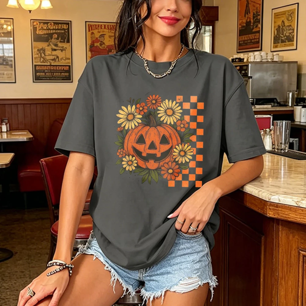 Floral Jack O Lantern Unisex Tee Fashion Cotton Casual Tops Retro Checkerboard Fall Pumpkin Streetwear Vintage Harvest Motif Tee