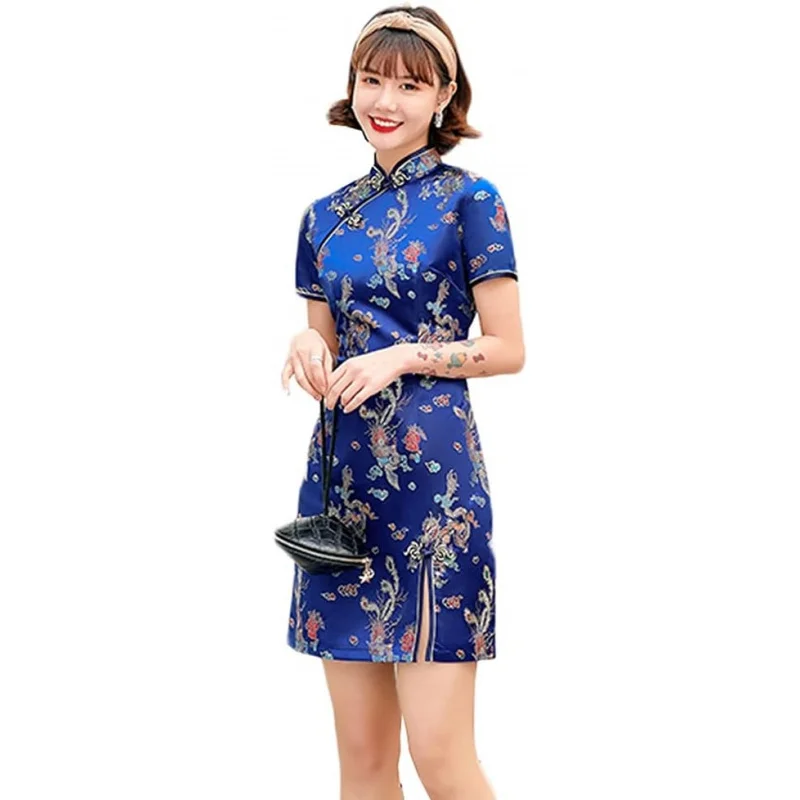 

Women's Cheongsam Costume Short Sleeve Side Slit Floral Print Mandarin Collar Evening Bodycon Cocktail Dress