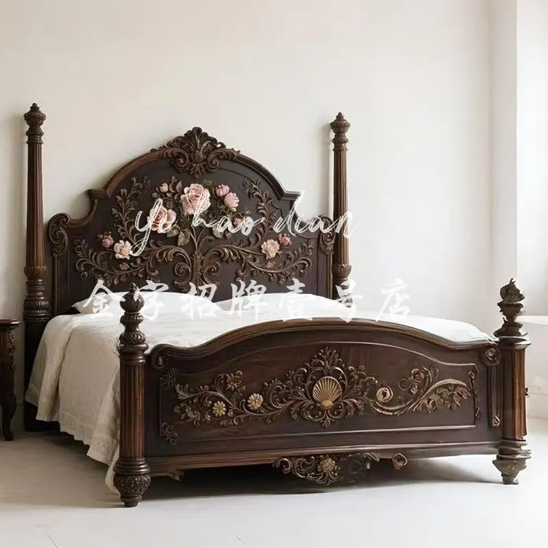 Amerikanisches Landhaus-Antik-Doppelbett aus massivem Holz mit Blumenverzierungen, Retro-Schlafzimmer, 1,8 Meter Hochzeitsbett, französisches modernes Prinzessinnenbett