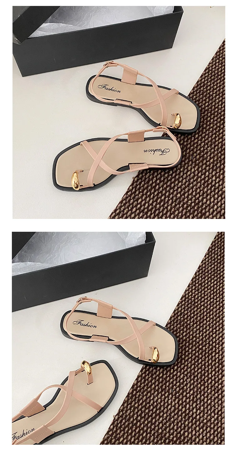 2026 Damen Sandalen mit flachem Absatz, Zehenclip, lässige Römersandalen, Sommer, schmaler Riemen, Knöchelschnalle, Strandschuhe für Damen – Detail 18