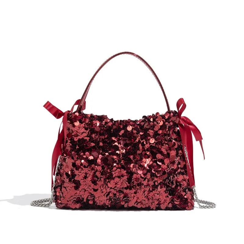 

Fashion Shiny Sequin Handbag Ribbons Belted Knot Design Trendy Simple Women Chain Crossbody Bag Party Wedding Clutch Bag 2026