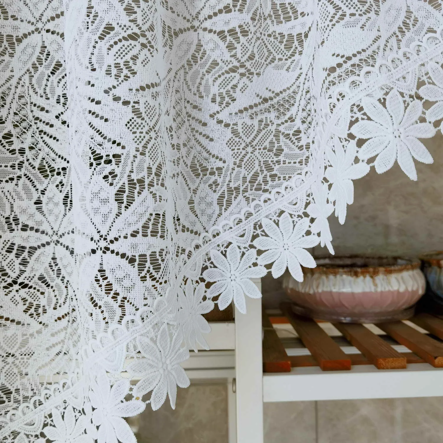 1PC Romantic Hollow Lace Short Curtain for Kitchen White Sheer Drape Cabinet Dustproof Study Special Rod #E 4