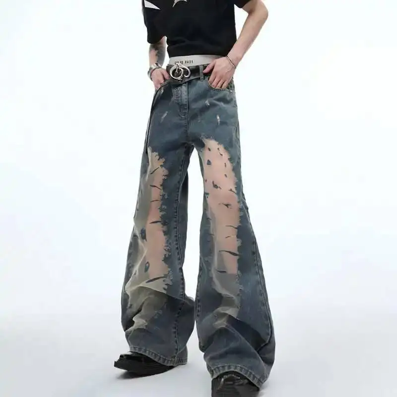 LUZHEN Pants Stylish Personalized Gauze Splicing Denim Perspective Design Men 2025 New Original Design High Street Jeans JY7125