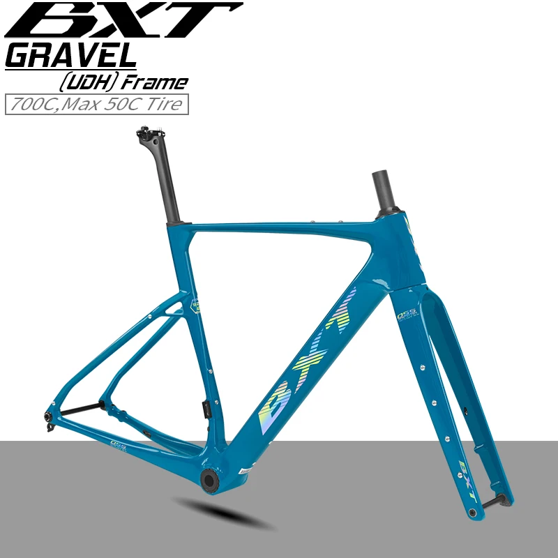 

Карбоновая рама для гравийного велосипеда BXT Carbon Fibre T1000 с креплением Flat-Mount для дисковых тормозов, подходит для шоссейных/горных велосипедов, крепление UDH, для колес 700C, максимальный размер шин 50C.