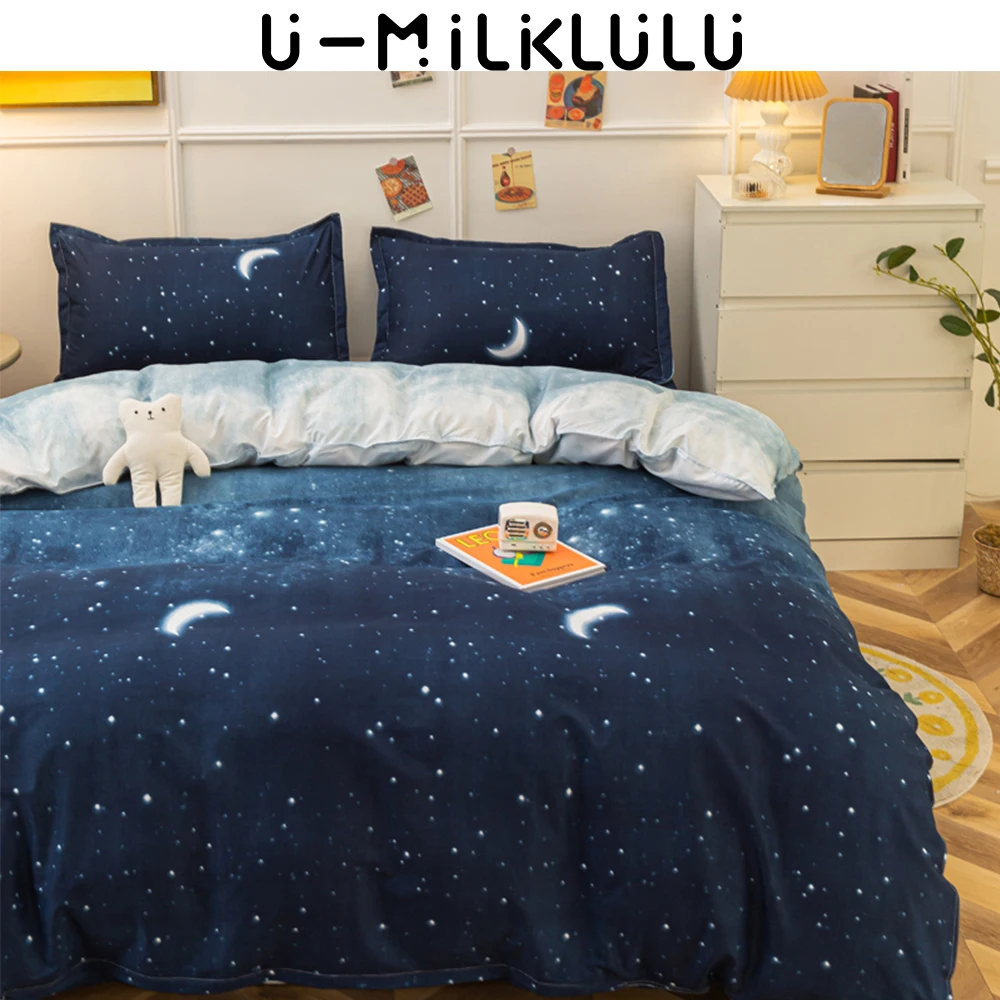 Night Sky Stars Moon Pattern Bedding Set Sheet Set Single Double Queen King Size Elastic Dark Blue Bed Comforters Duvet Cover