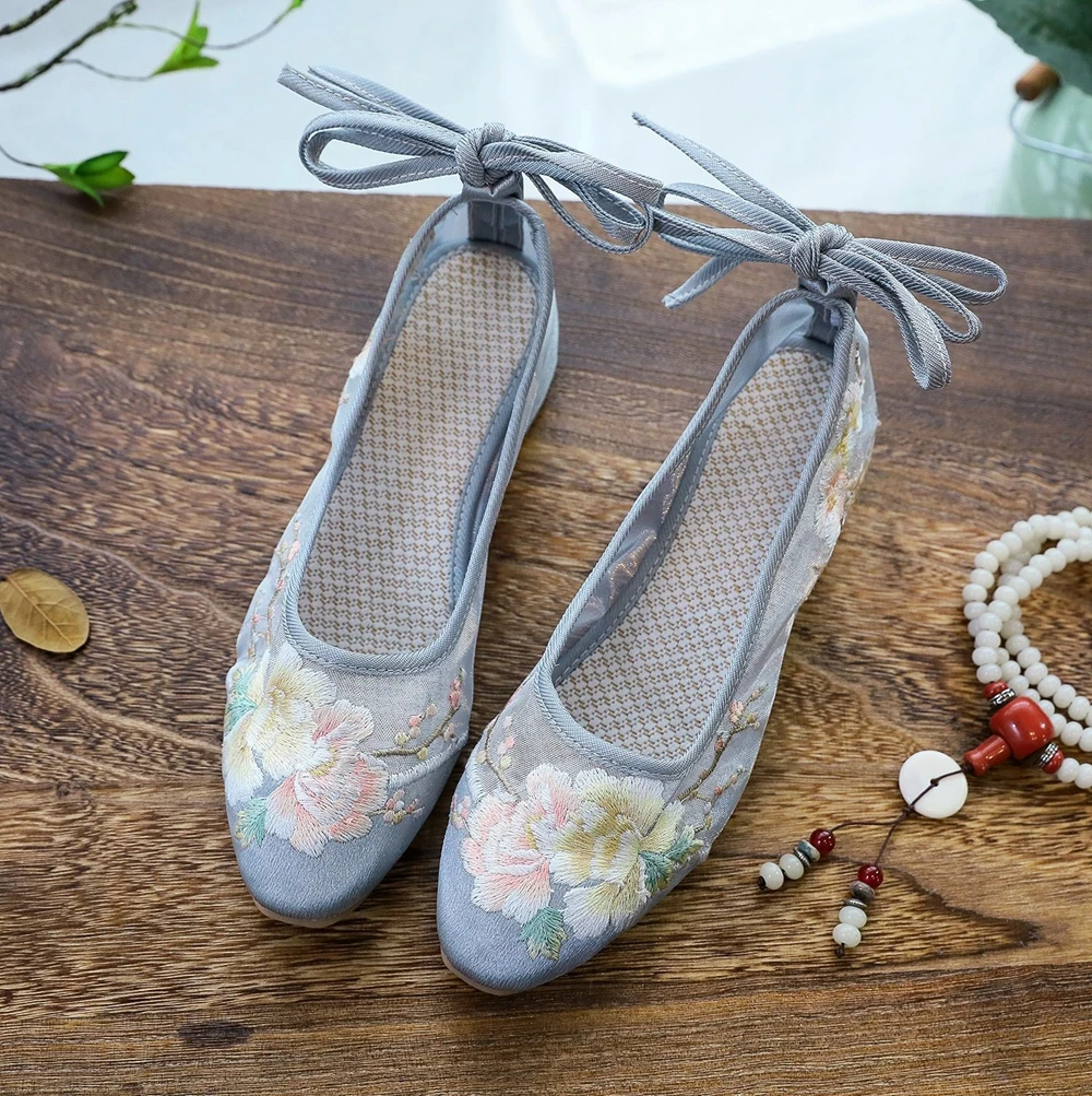 Veowalk Long Ankle Strap Summer Women Gauze Mesh Embroidered Ballet Flats Breathable Comfortable Walking Shoes for Elegant Lady