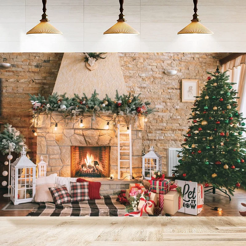 Christmas Fireplace Theme Photography Backdrop Merry Xmas Gift Family Background Home Party Backdrop Wall Banner Decor Poster