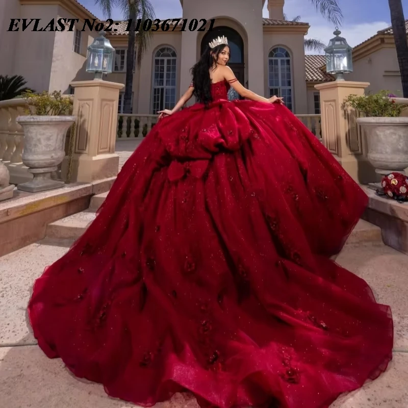 EVLAST Customized Glitter Red Quinceanera Dress Ball Gown Floral Lace Applique Beading Bow Sweet 16 Vestidos De 15 Anos E2Q24