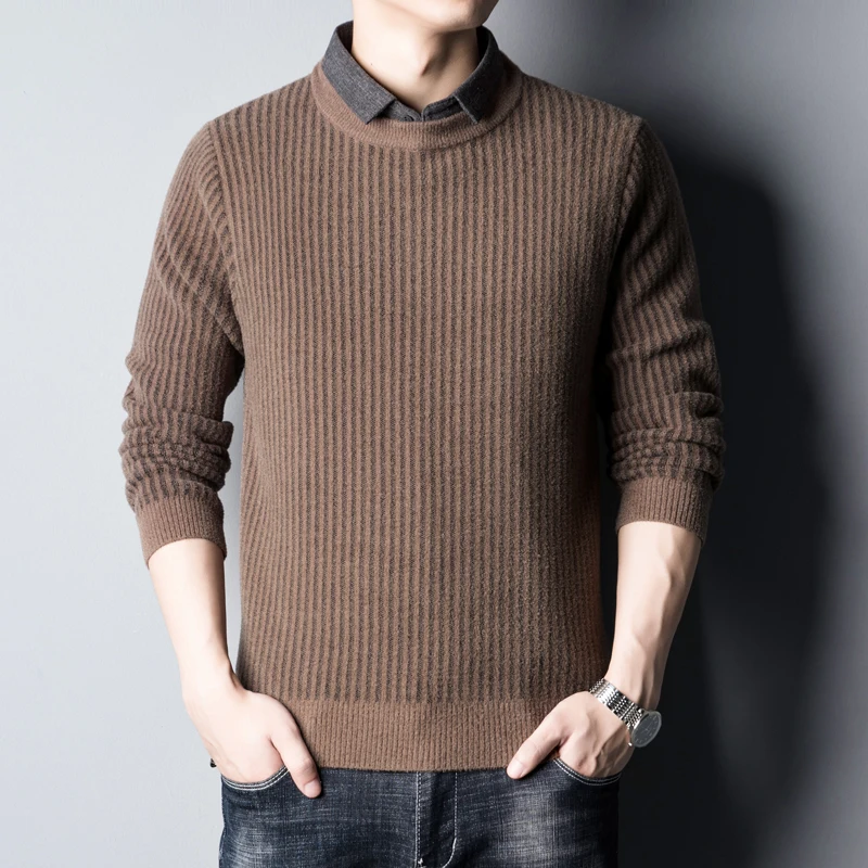 

Men's Fashion Fleece Thicken Splice Collar Business Casual Pullover Knitted Sweater Man Autumn Winter Knitwear Sweaters Tops