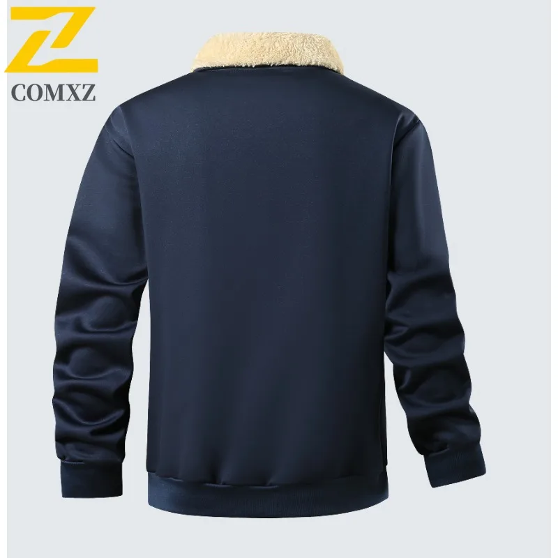 COMXZ Premium Mens Jacket Luxury Notch Lapel Shearling Outdoor Travel Anti-Cold Coat Street Style Lightweight Autumn Winter Wear