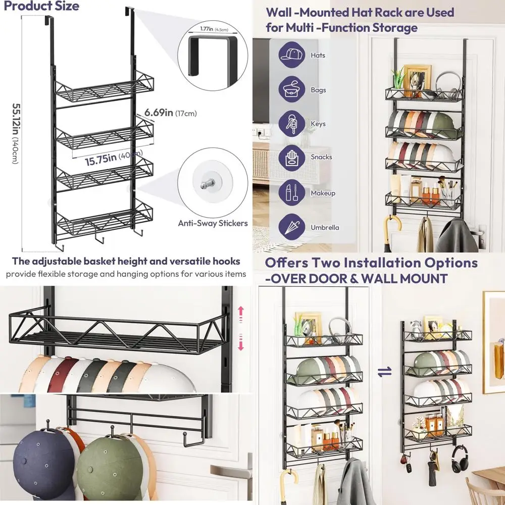 

Органайзер для головных уборов над дверью - 5-ярусная настенная вешалка для головных уборов с 4 регулируемыми металлическими корзинами и 3 крючками, подвесной органайзер для бейсбольных кепок