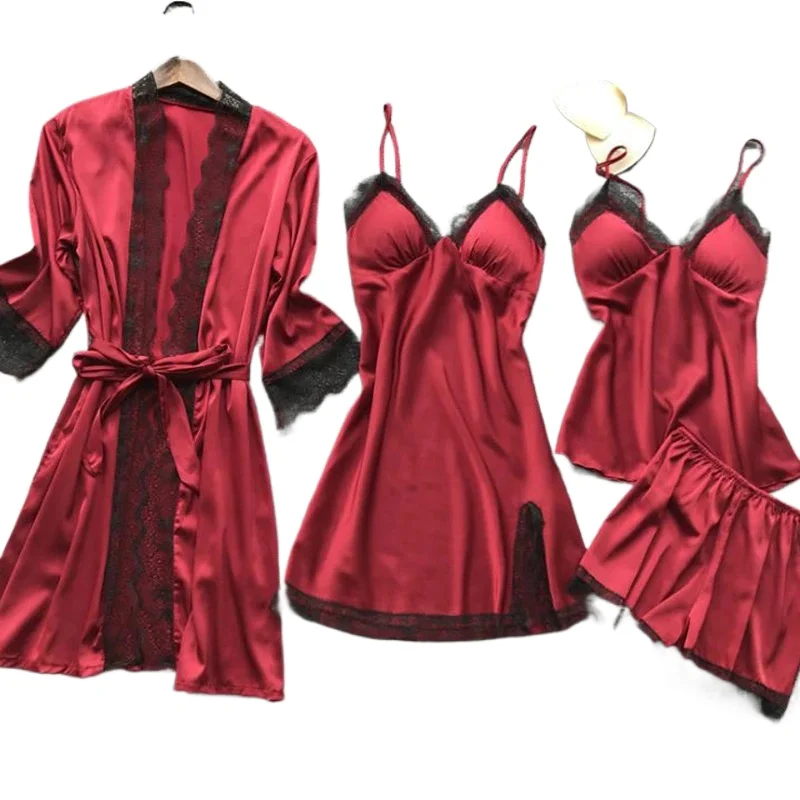 

Комплект из 4 предметов: женская сексуальная кружевная пижама, модная ночная сорочка с V-образным вырезом, комфортная пижама с накладками на груди