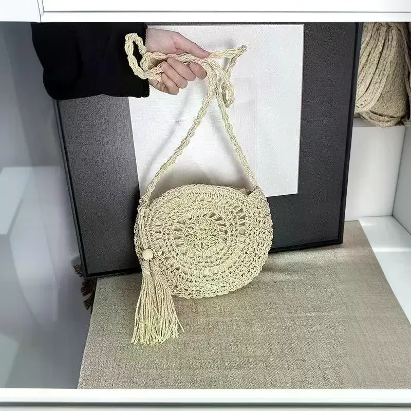 Hollow Straw Bag Circle Rattan Round Paper Rope Shoulder Bag Tassel Summer Beach Crossbody