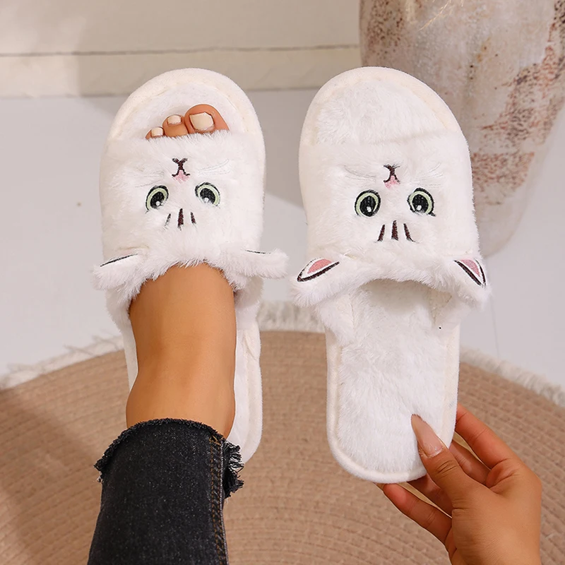 Casual Fluffy Women's Slippers Home Flats Cat Cartoon Luxury Designer Shoes Girls Spring Autumn Elegant Indoor Slides Soft Sole view 5