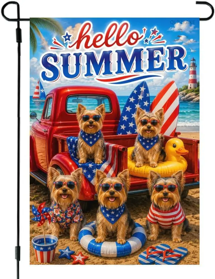 Yorkie Garden Flag 12x18 Inch Linen Double Sided Hello Summer Beach Flag Yorkie Dogs Red Truck Stars and Stripes Outdoor Yar yyi