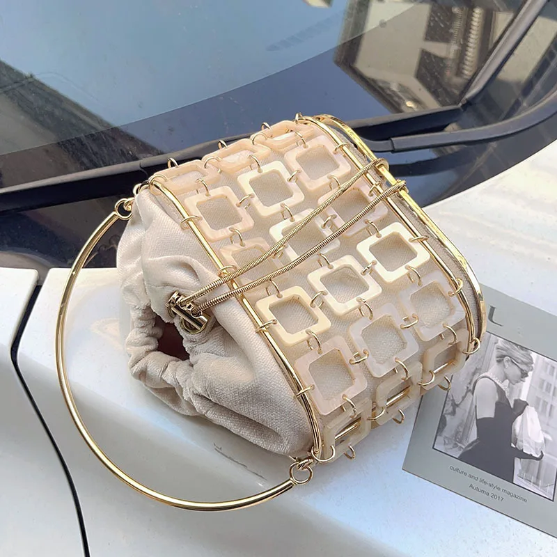 

Metal Birdcage Women Handbag Luxury Designer Fashionable Creative Block Acrylic Woven Evening Bag Wedding Party Clutch Purse