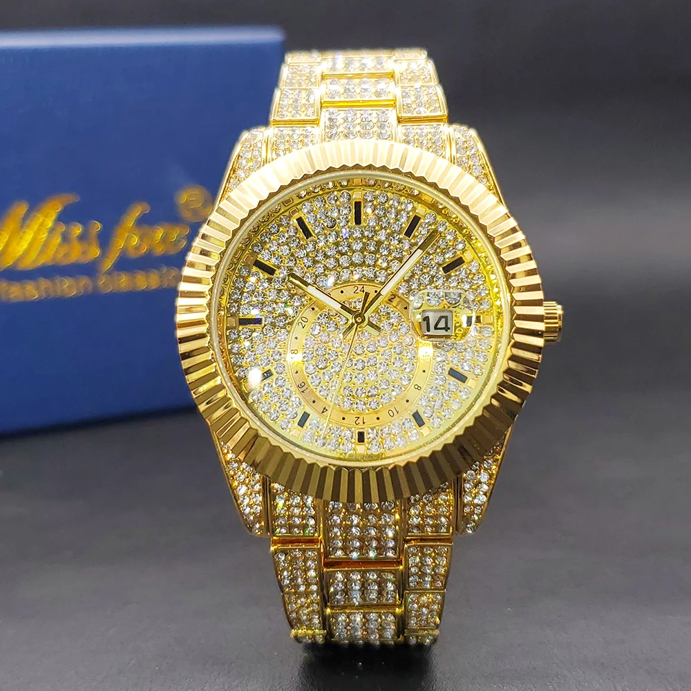 Missfox Diamond Watches For Men Gold Hip Hop Luxury Waterproof Quartz Wristwatches Calendar Wristwatches Party Jewelry Wholesale