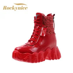 2022 Autumn Bling Leather Boots 7CM Wedge Heels Women Ankle Boots High Top Platform Sneakers Winter Red Motorcycle Shoes Female