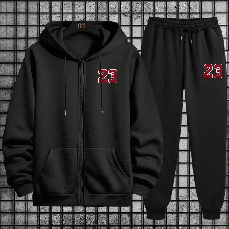2026 Winter Daily Casual Sports Style Running Suit Men's Fashion Set, Size 23 Printed Hoodie Running Pants Two Piece Set
