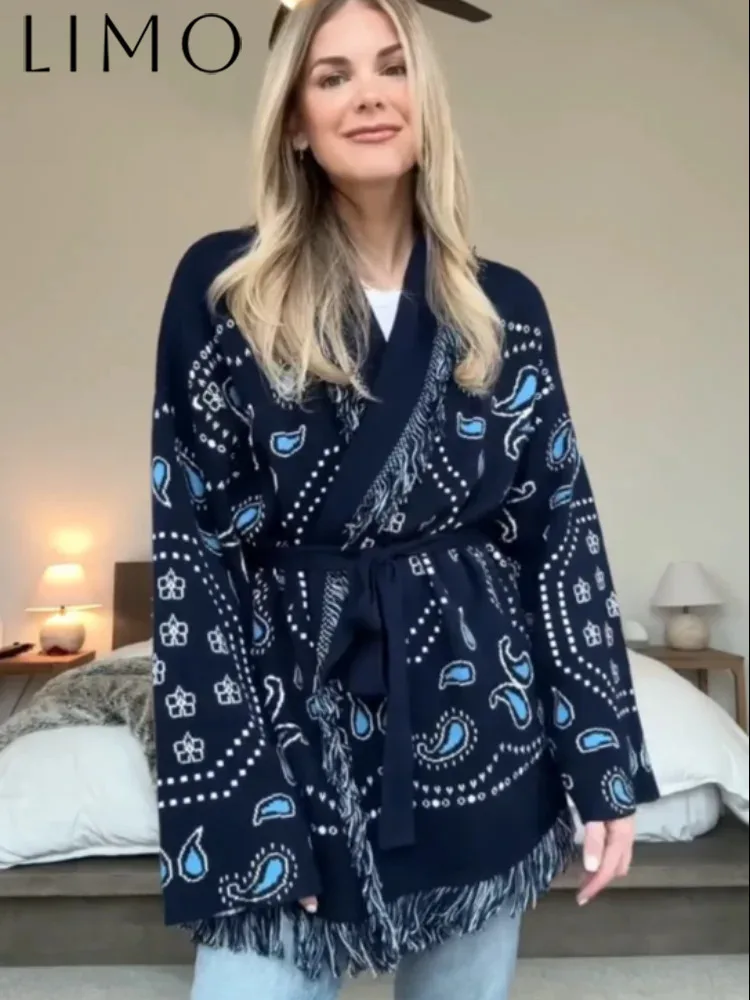 

Кардиган с кисточками в стиле пэчворк, женский кардиган с геометрическим узором, ремни, v-образный вырез, длинный рукав, вязаный уличный женский свитер, осень 2023 г.