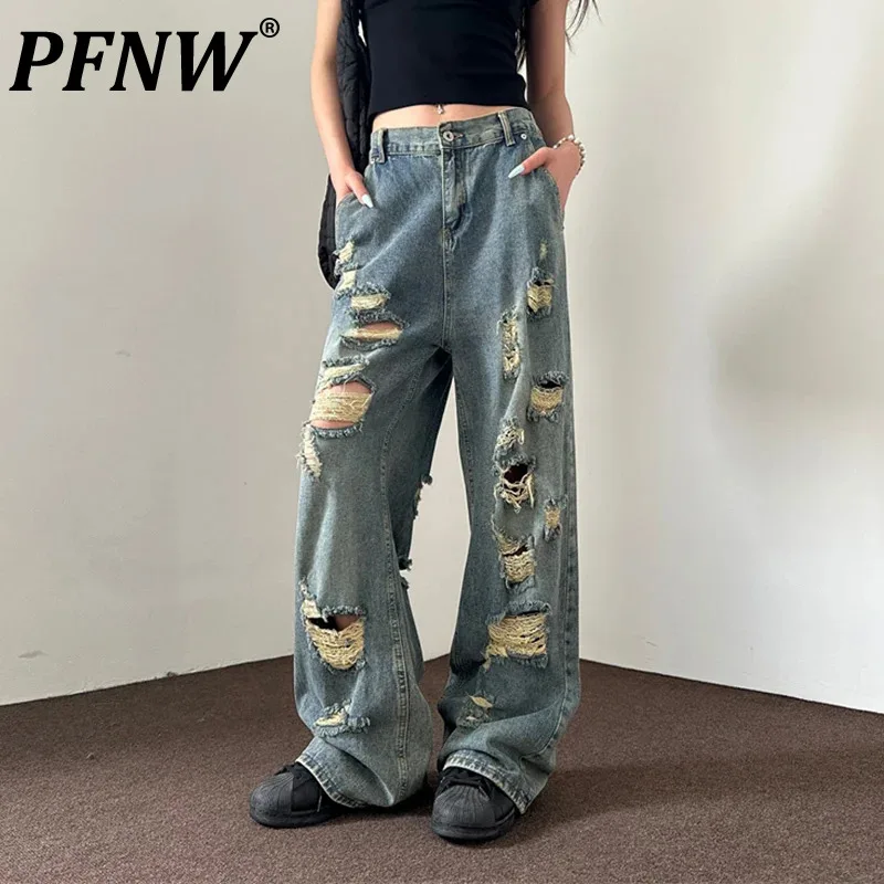 

PFNW New Trendy Hole Worn Male Denim Pants Straight Loose New Fashion Jeans Summer 2024 Personalized Men Trousers 28W3326